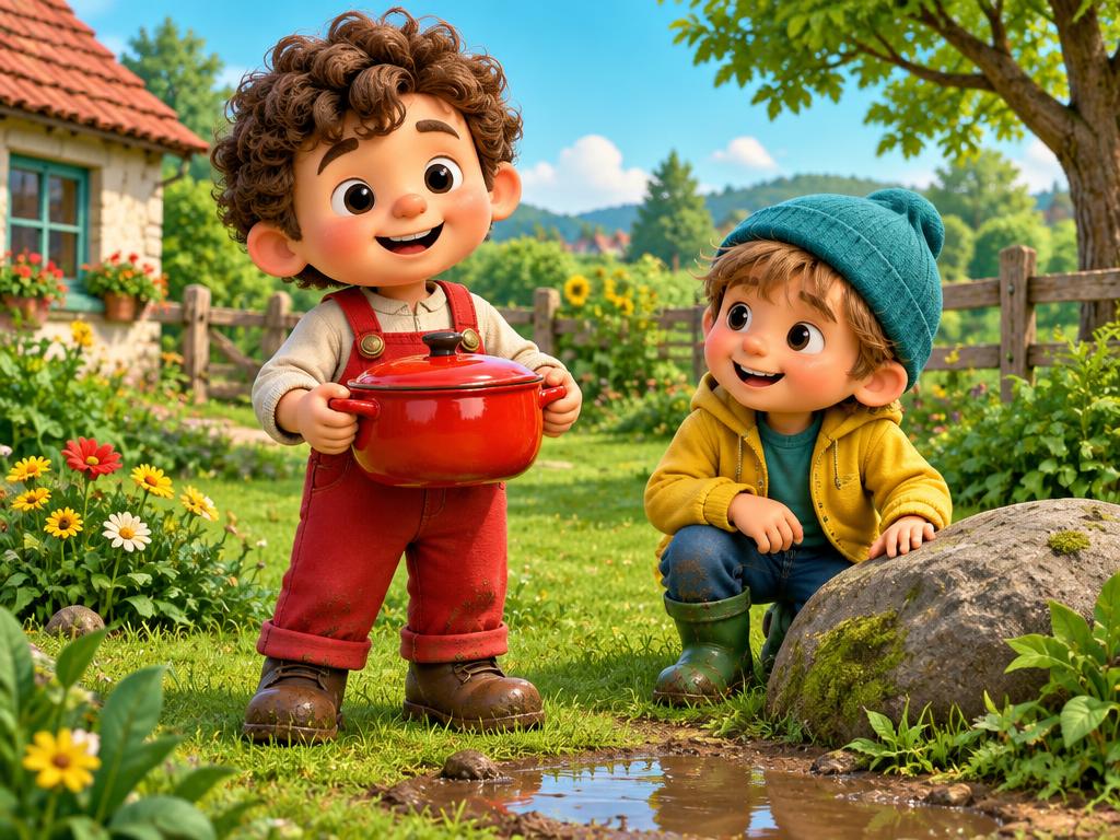 Pip and Sam with a red pot in the garden